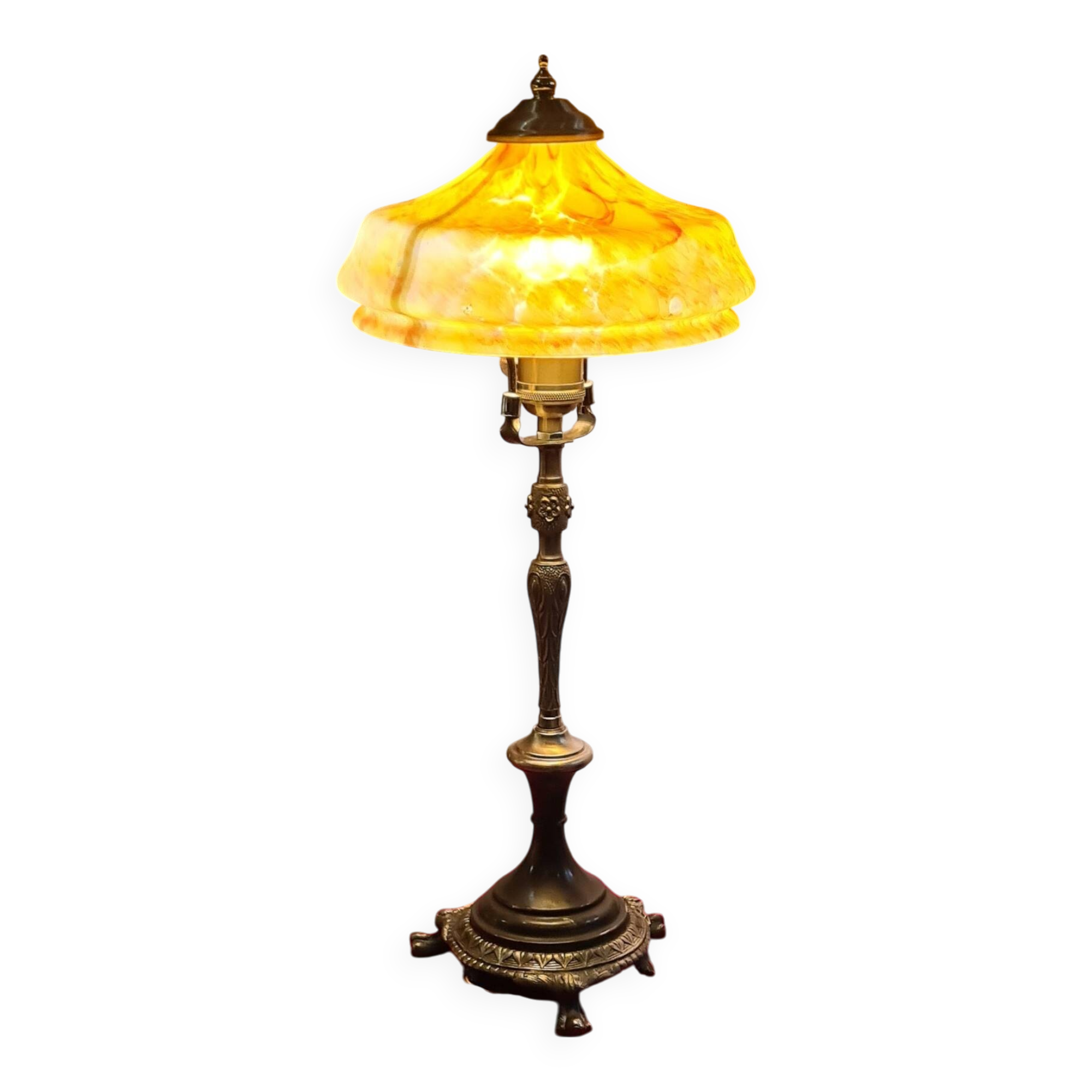 antique bronze lamp with yellow marbled glass paste shade 52x21