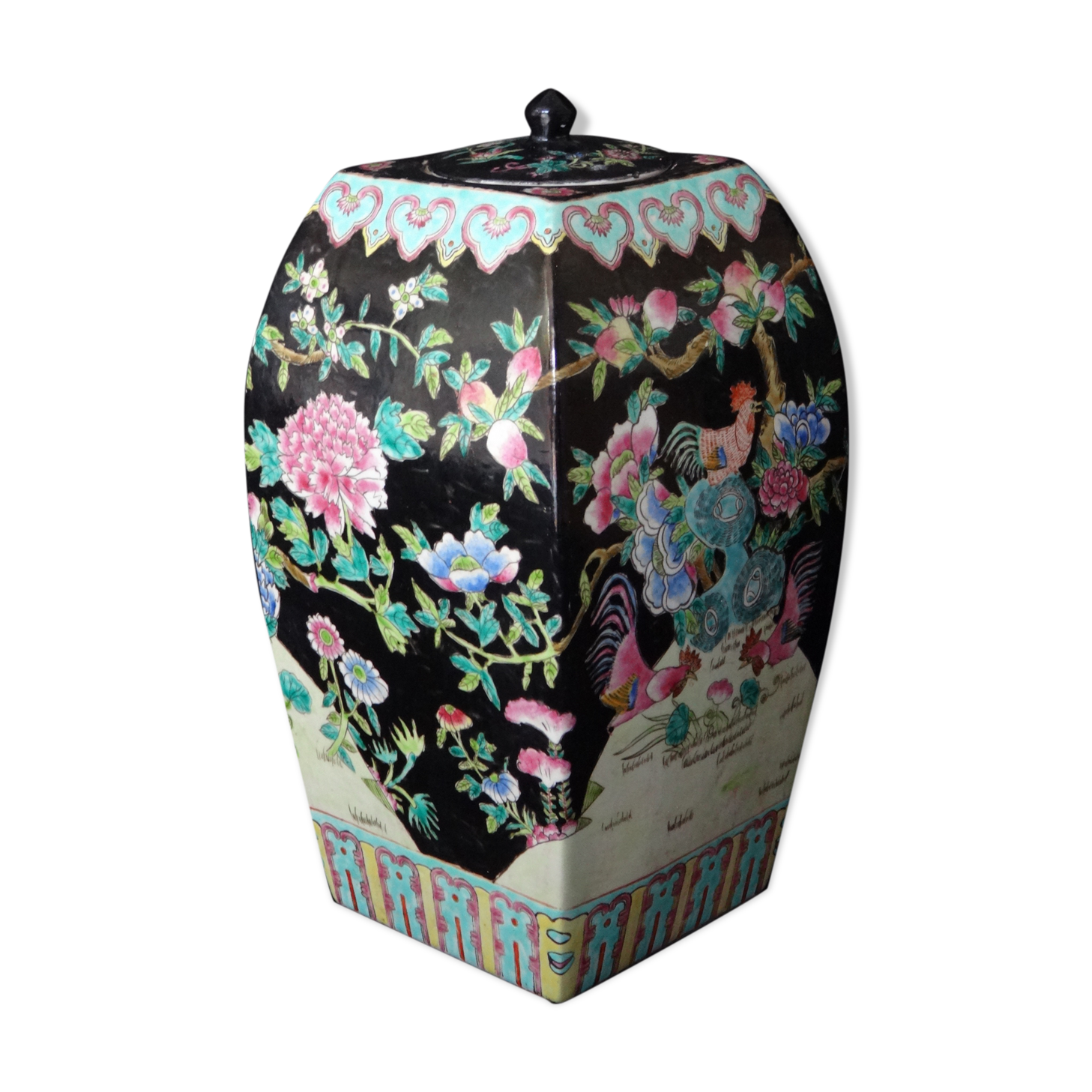 Vase pot covered black family floral decoration and China 34cm porcelain around 1900
