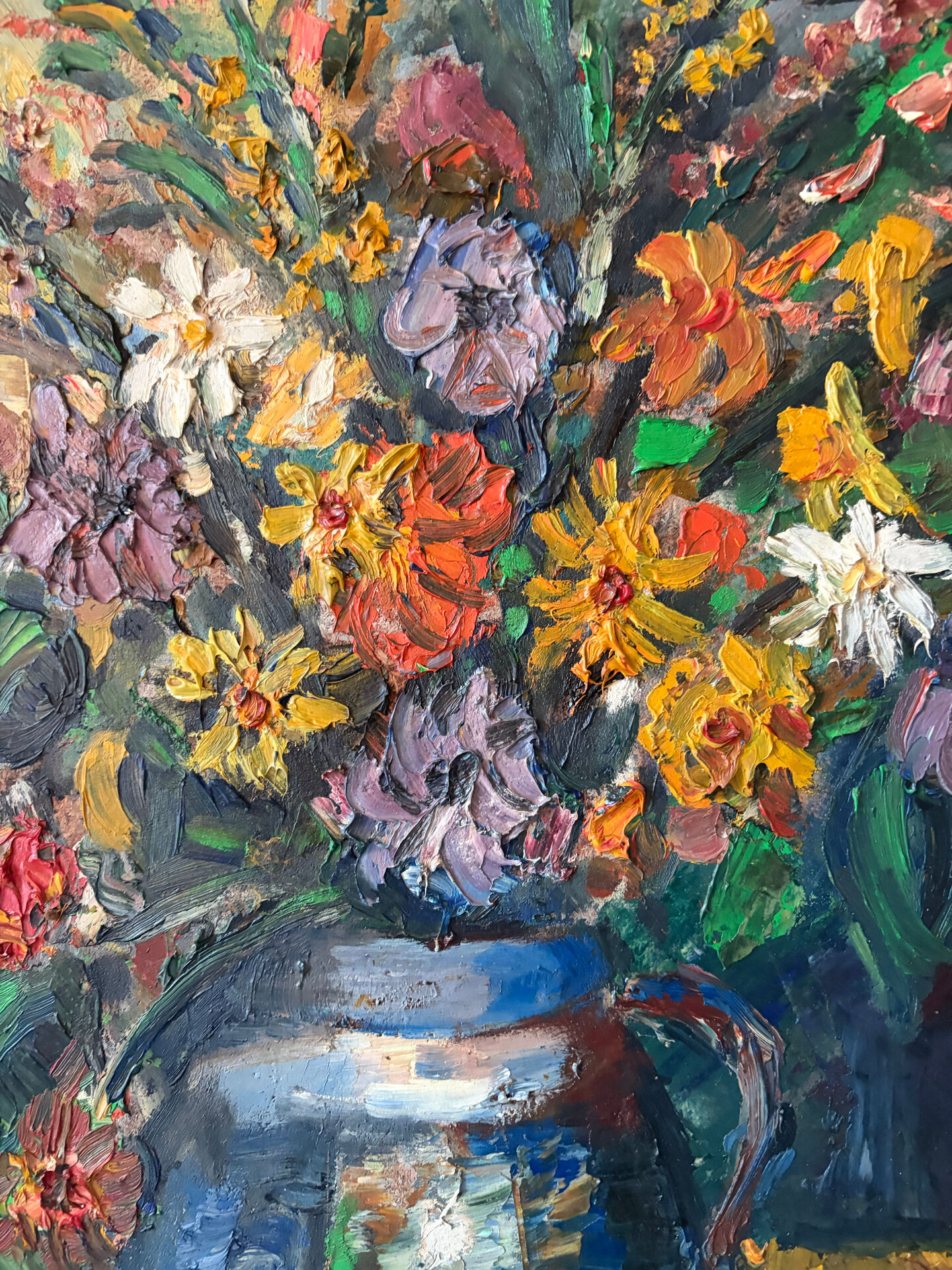 Still life, bouquet, oil with a knife on panel, signed.