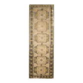 Tapis vintage turc Oushak fait à la main en laine, cuivre et coton beige 138x420