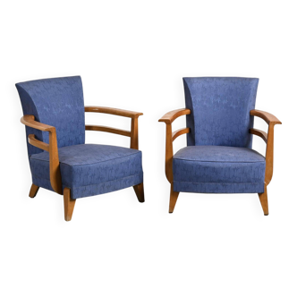 Pair of living room armchairs in solid beech, France, circa 1950.