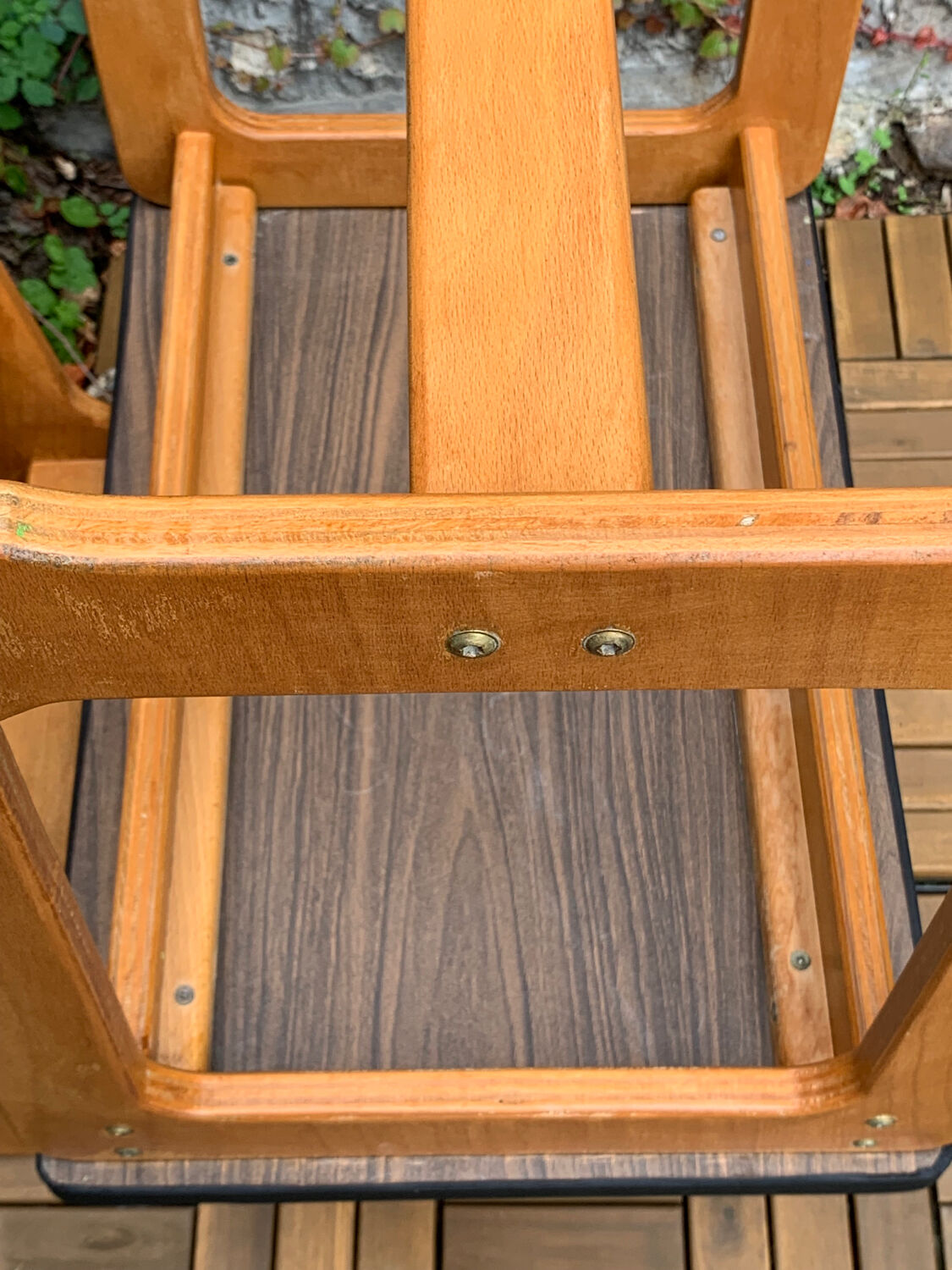 Children's wooden and formica desk and sled chairs 1970