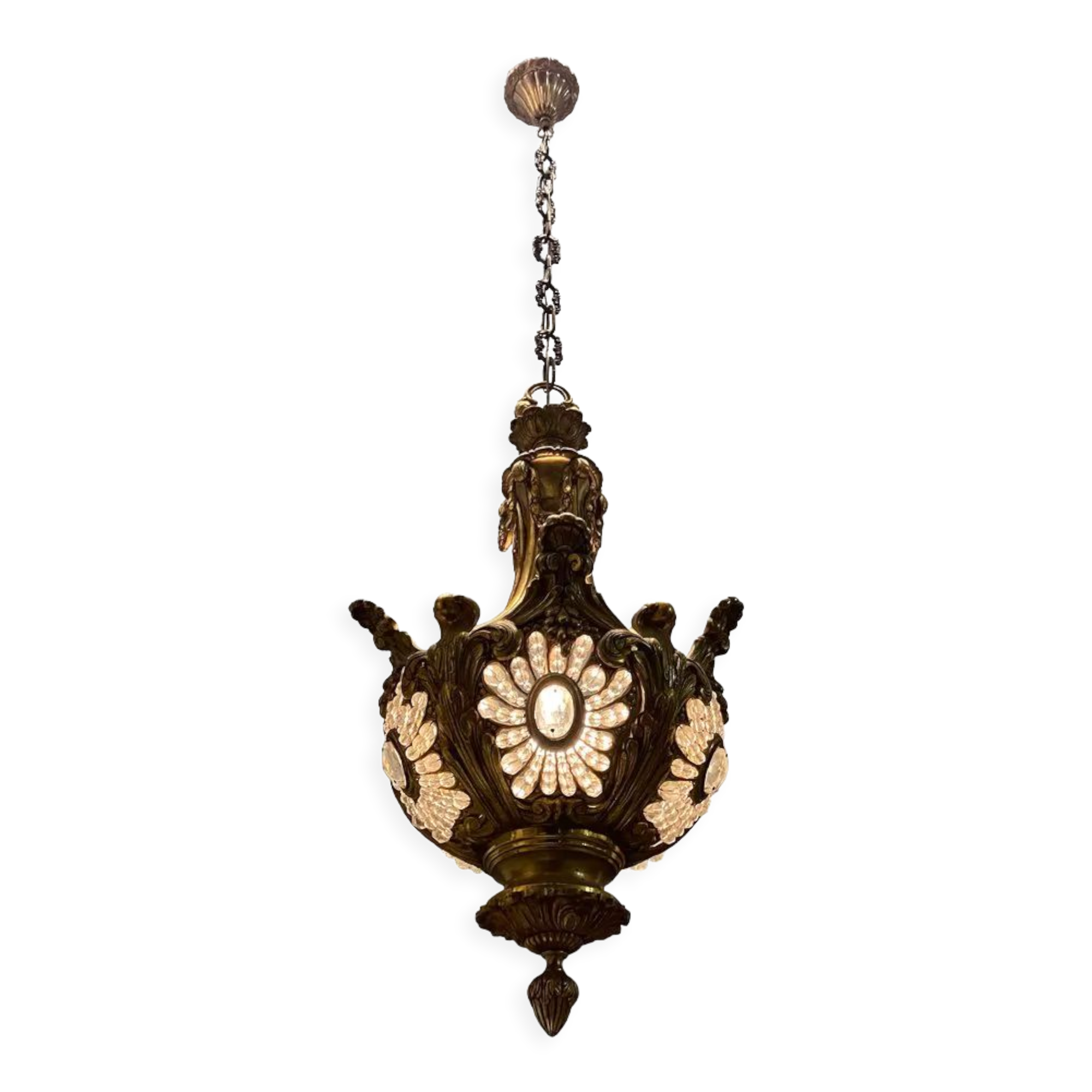 Vintage Bronze & Crystal Beaded Chandelier, 1950s