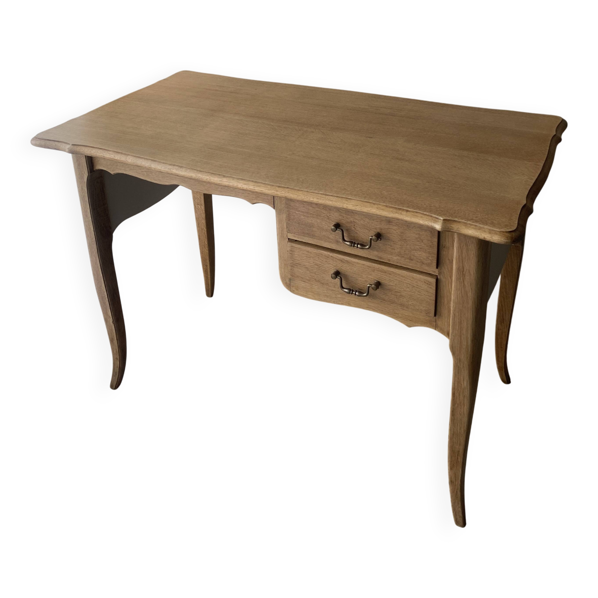 Antique 2-drawer desk in raw wood and beige, renovated.