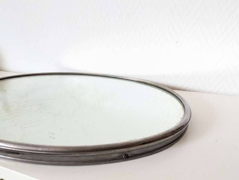 Antique oval mirror tray with metal frame
