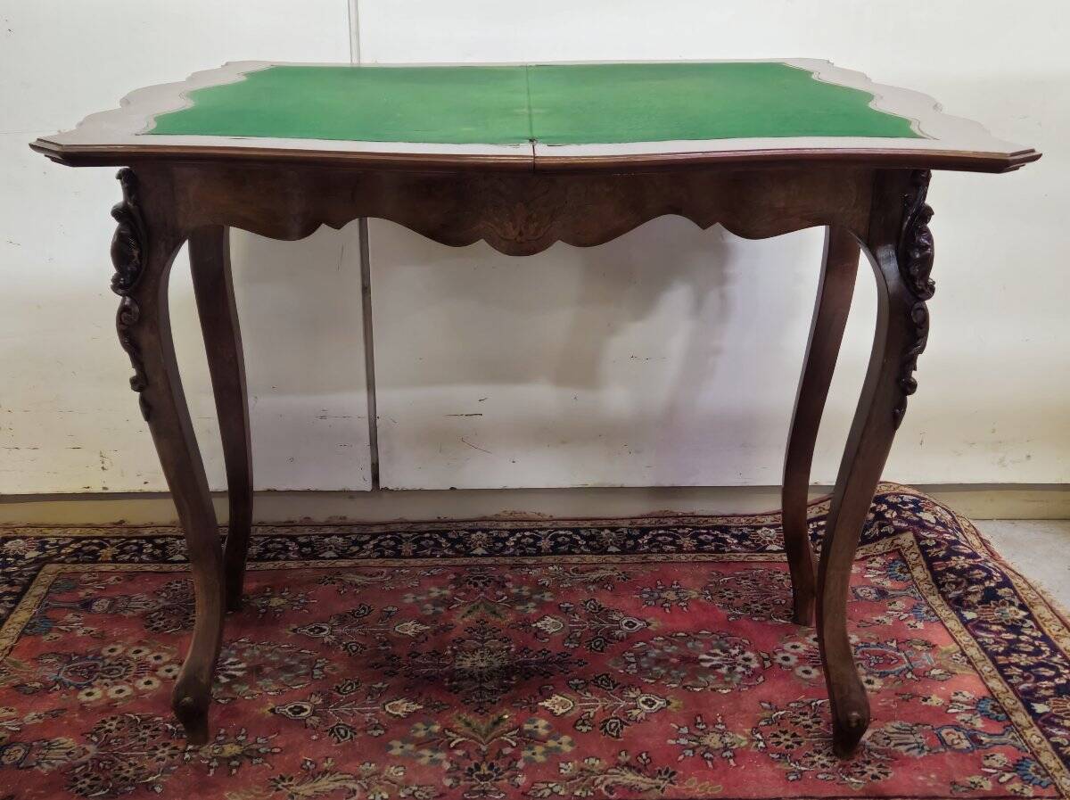 Louis XV style game table in marquetry and mahogany.