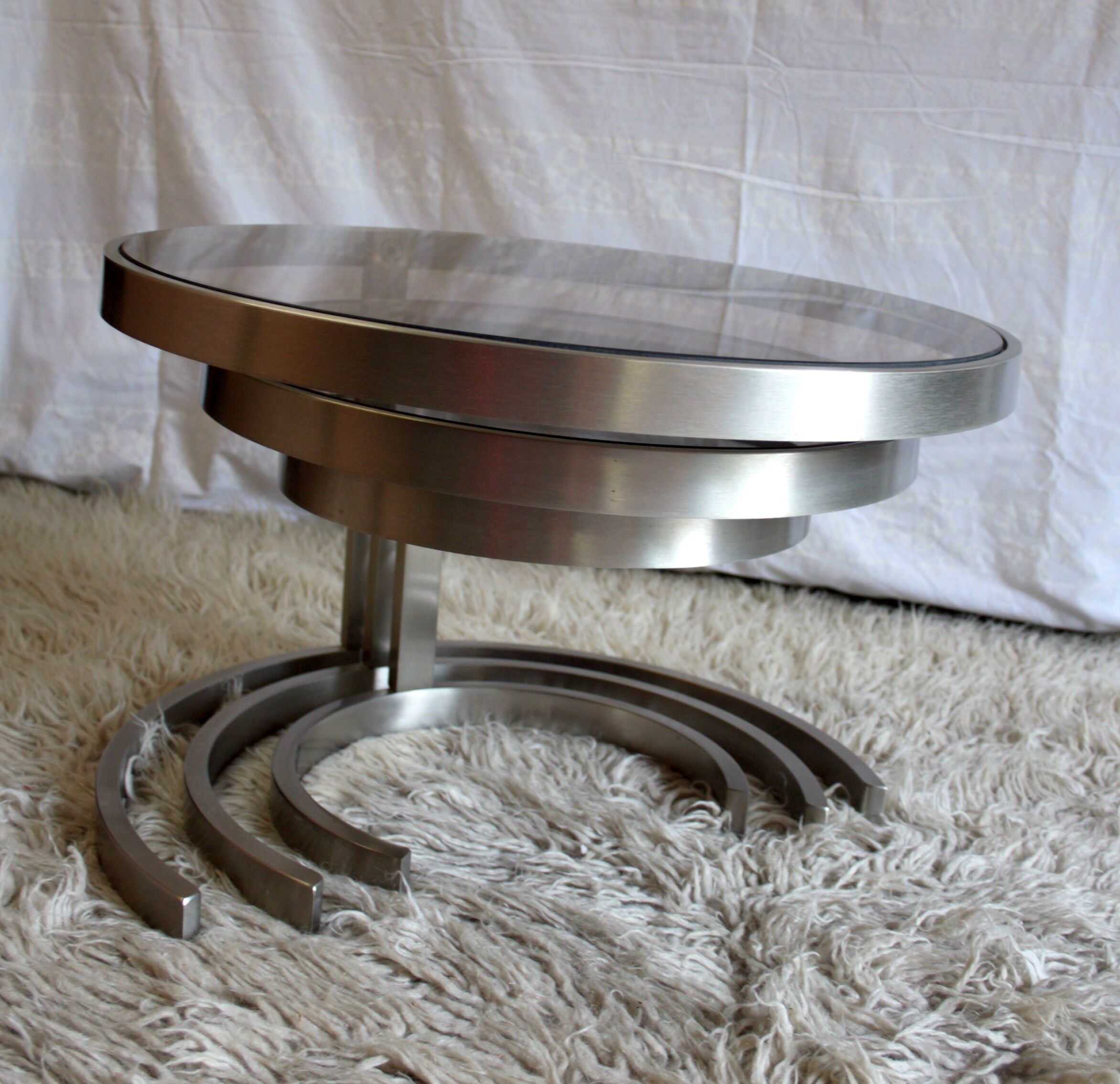 Pull-out tables (x 3) steel and glass smoked - 70s