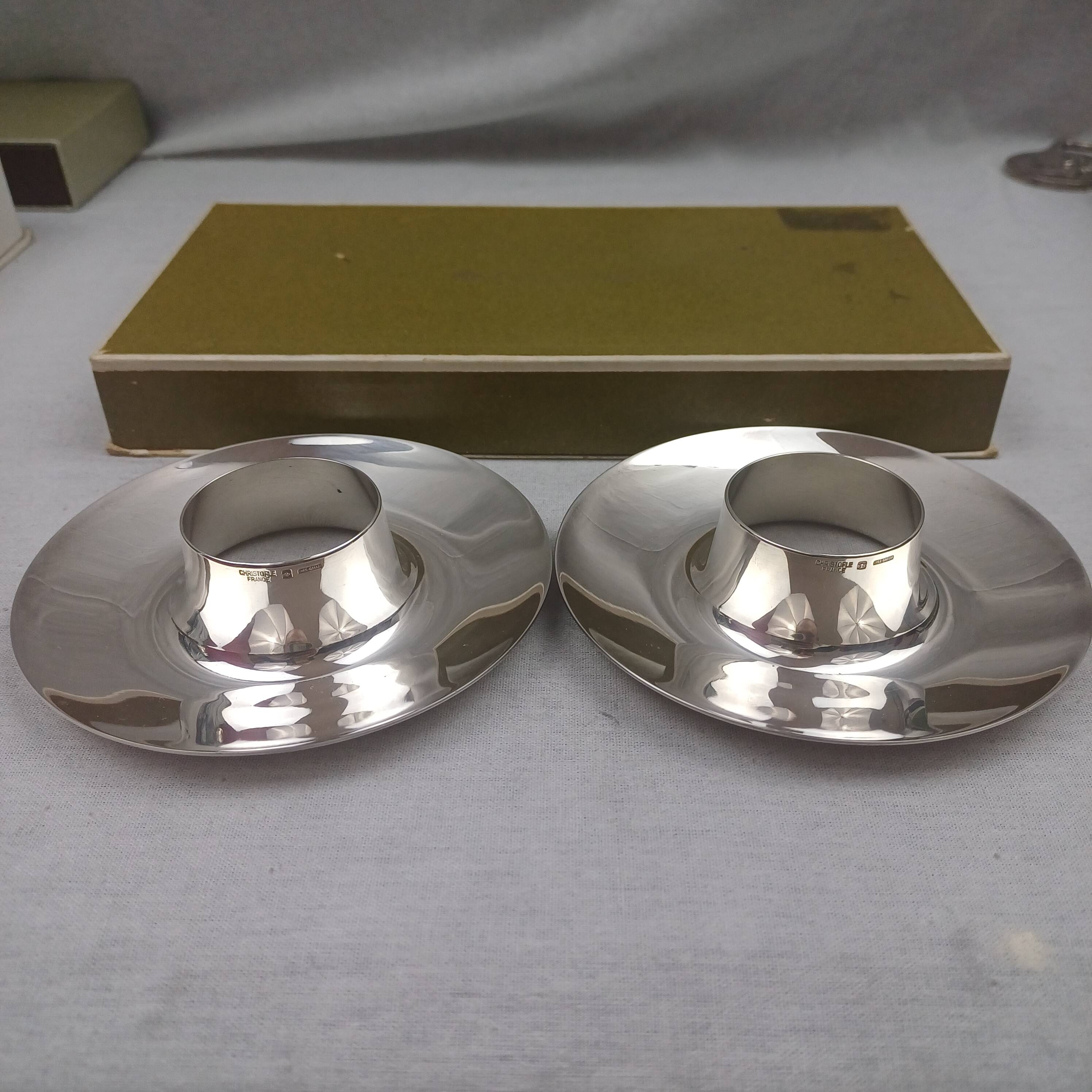 Christofle Gemini model pair of egg cups silver-plated in perfect condition box.