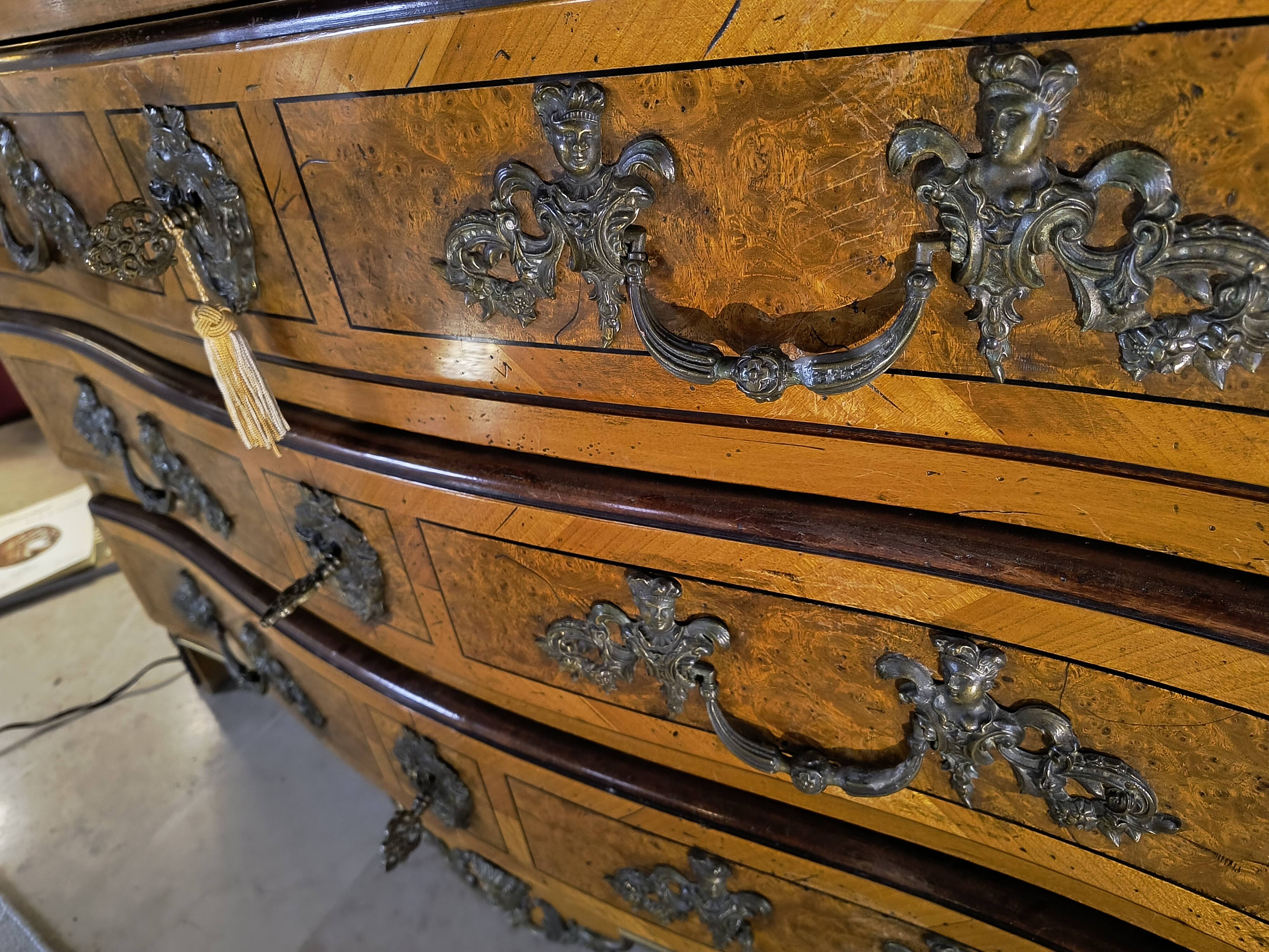 "Louis XIV" style commode with green Alpine marble and walnut burl.