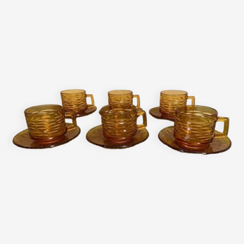 Tasses et sous-tasses en verre ambré Vintage