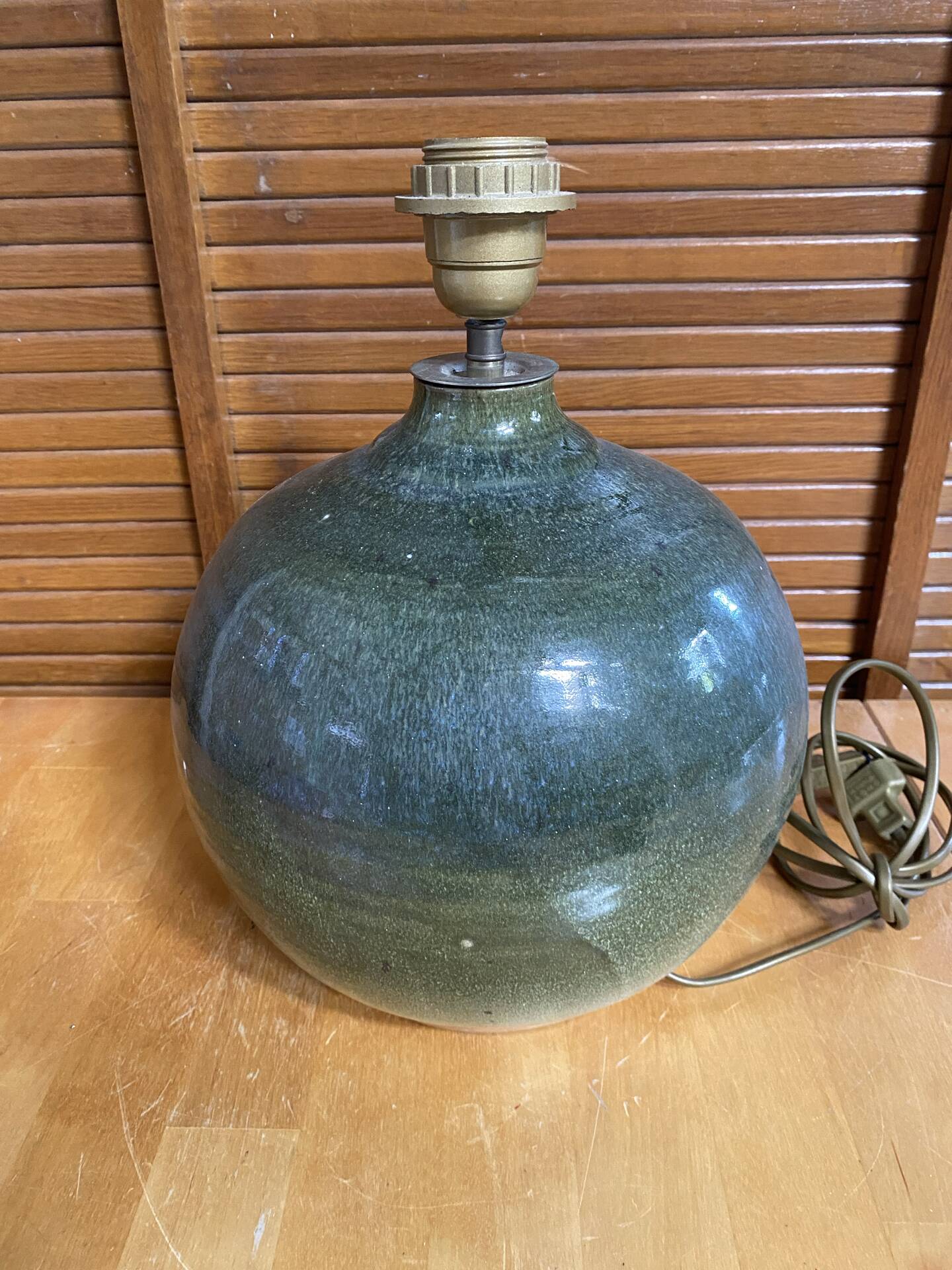 Pied de Lampe Ancien Boule Grès Émaillé Vert Nuancé Années 70 Vintage
