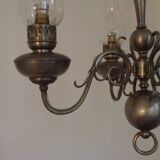 French Vintage Pewter 4 Light Flemish Chandelier Hand Blown Lantern Shades 5104