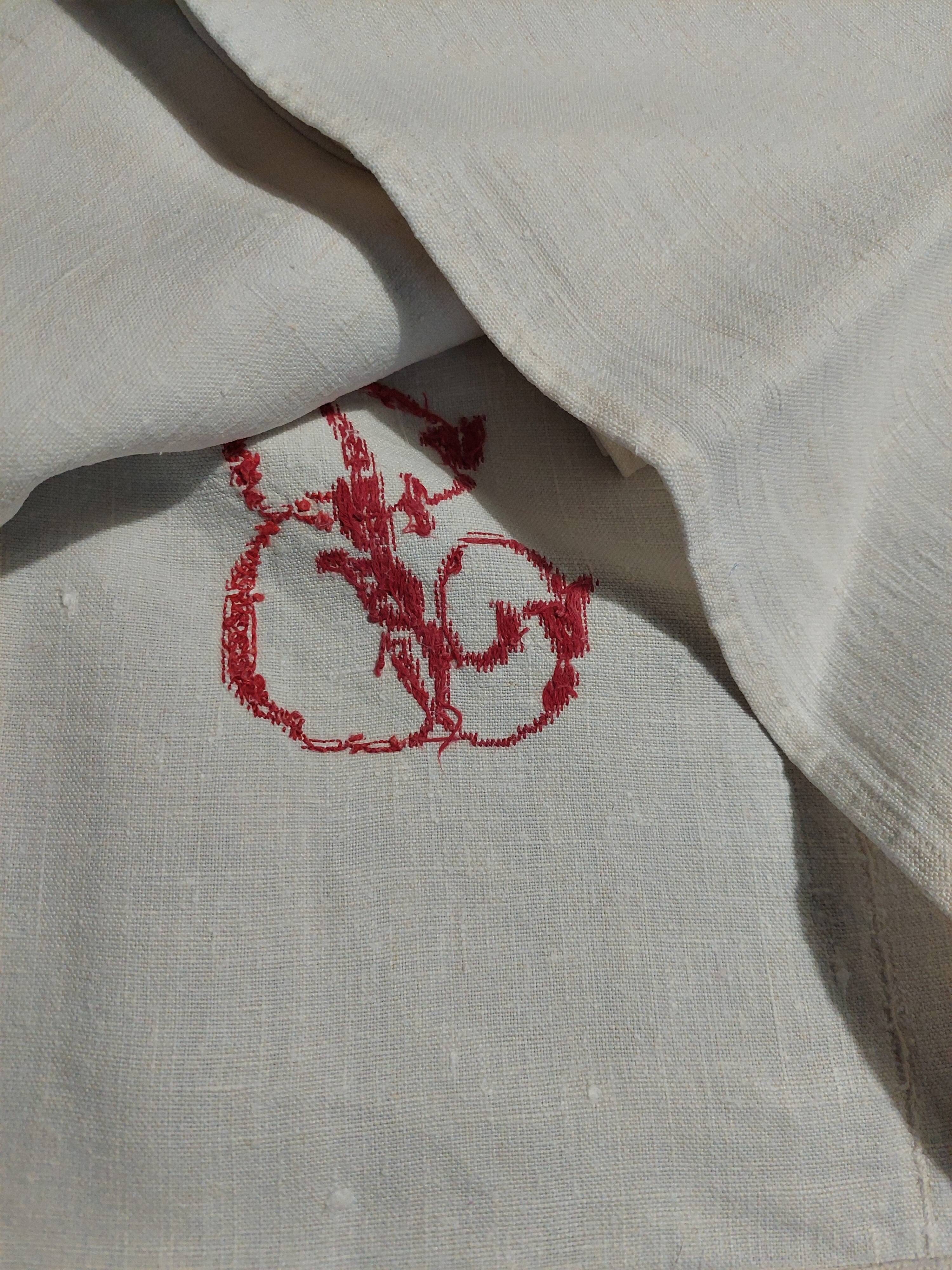 Old sheet monogram red PB hemp 220 X 230 cm