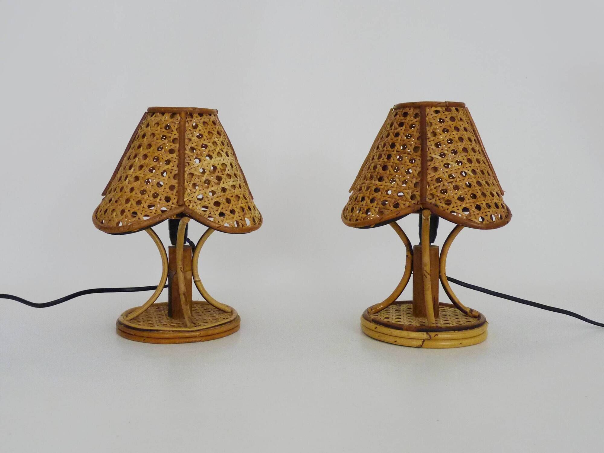 Pair of bamboo rattan caned lamps. Italy 1950s 1960s.