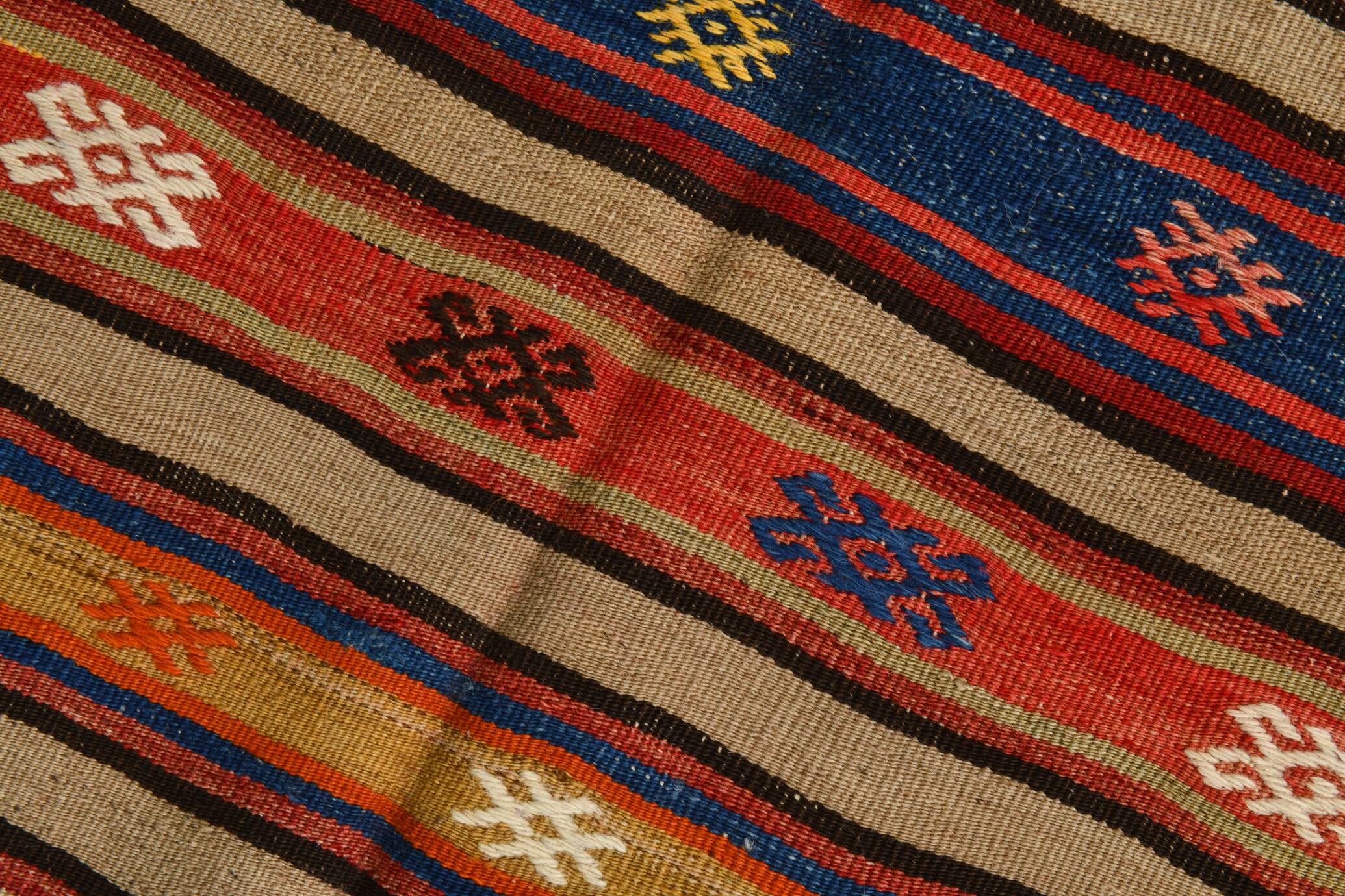 5x8 Wool Kilim Rug, Handwoven Blue & Red Wool Kilim Rug, 143x230Cm
