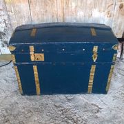 Old vintage blue & gold wood storage chest #a127