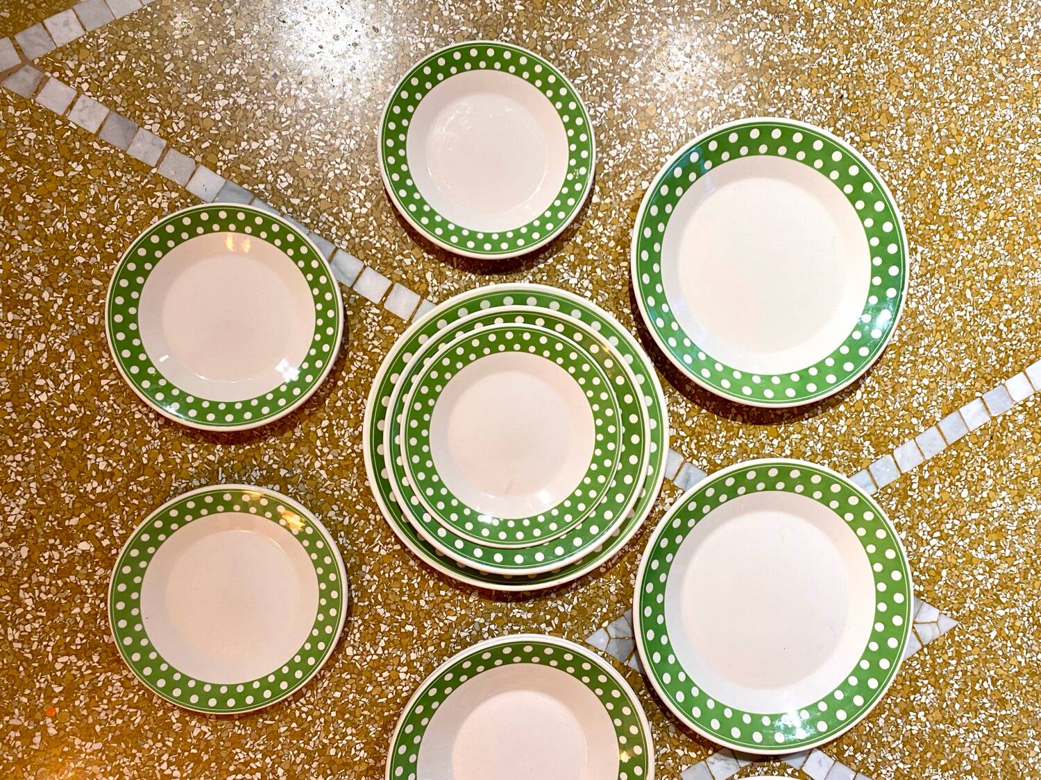 Set of 12 antique polka dot plates for 4 people