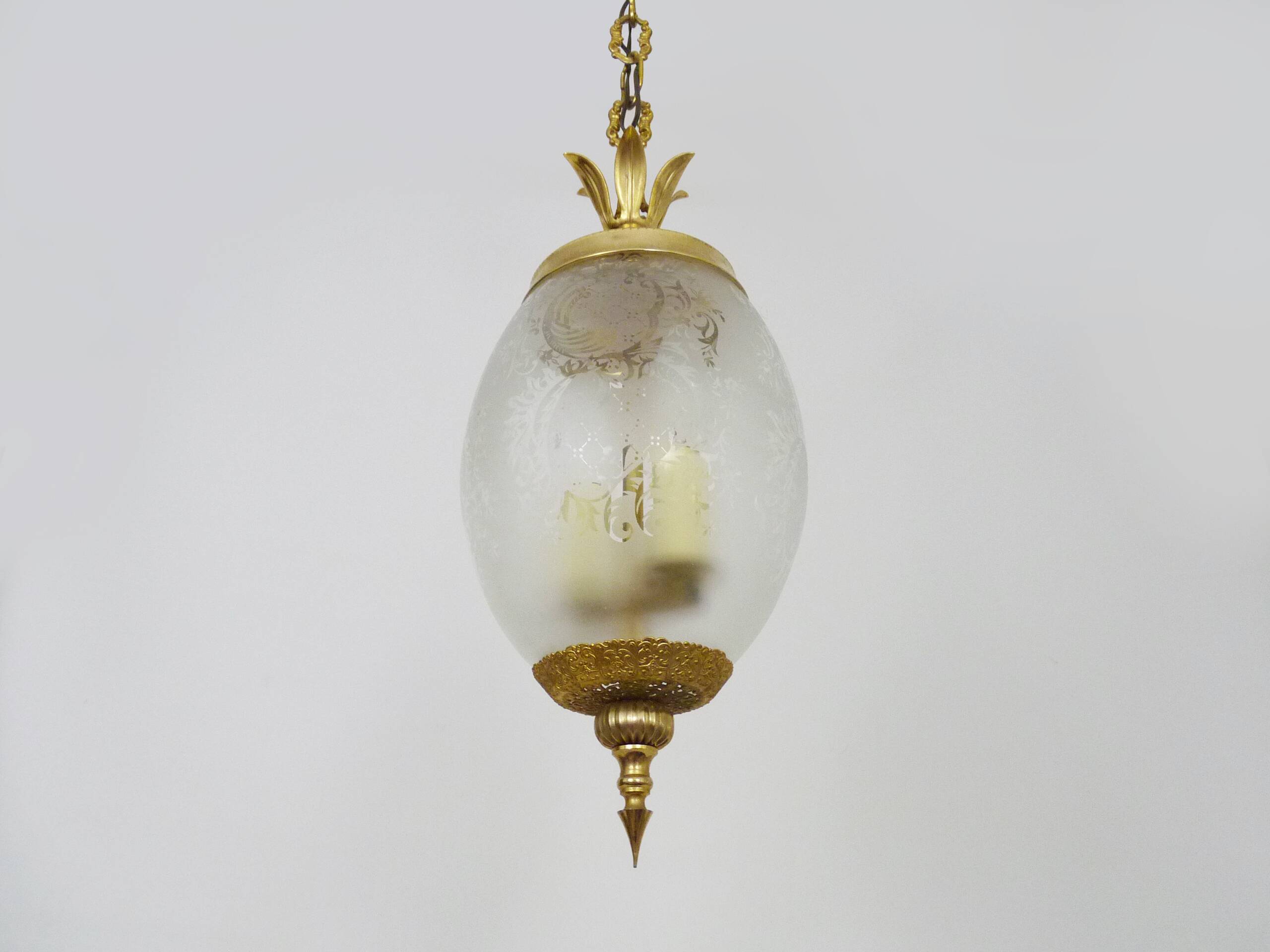 Suspension, brass chandelier and engraved glass globe with 2 lights. Louis XV style. 60s