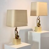 Pair of Exclusive Philippe-Jean Brass Art Sculpture Table Lamps, signed