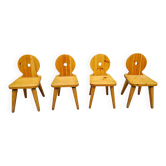 Set of 4 sculptural brutalist pine chairs attributed to Gilbert Marklund.