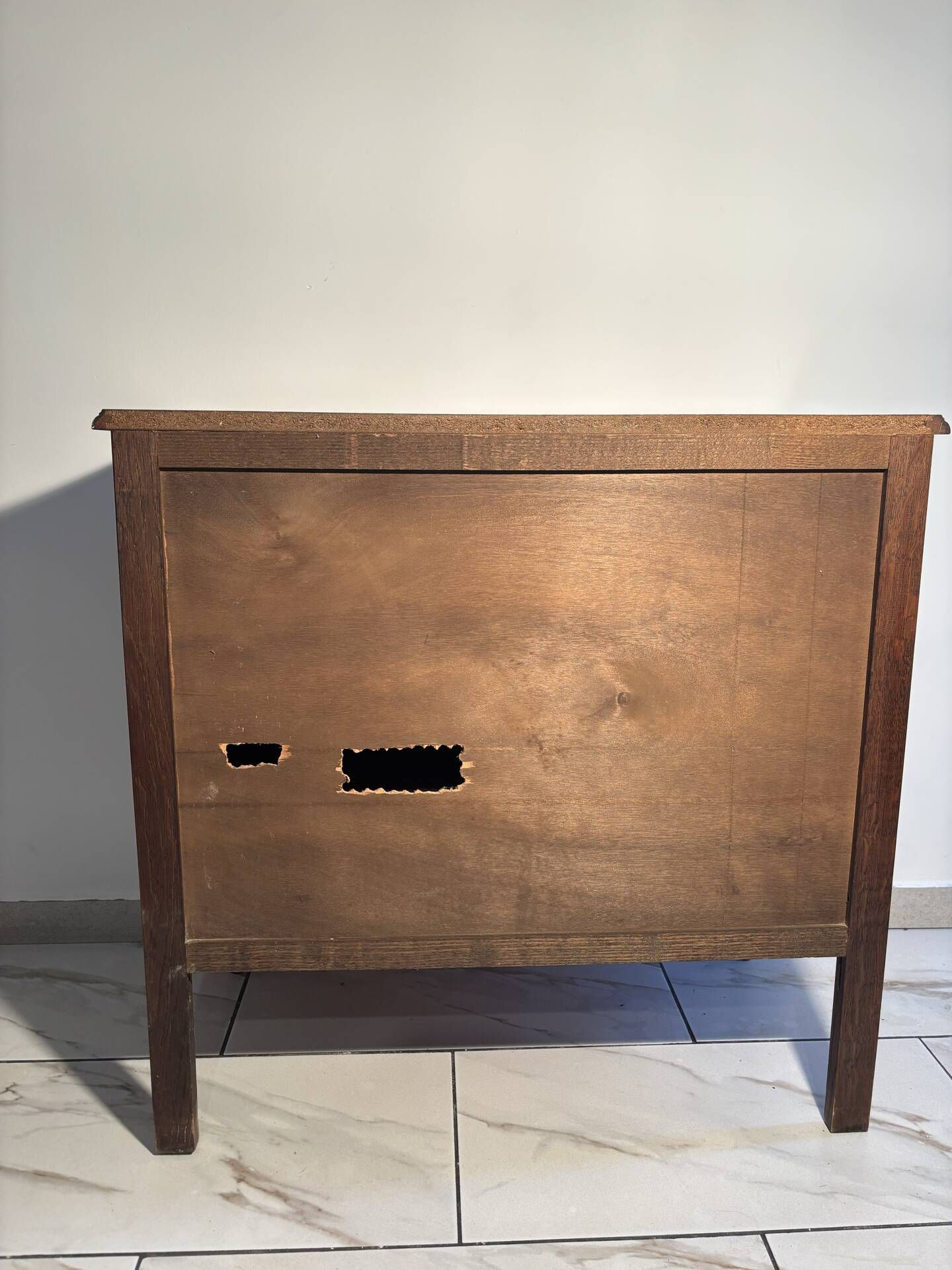 Louis XV style oak TV cabinet with drop-down flap.