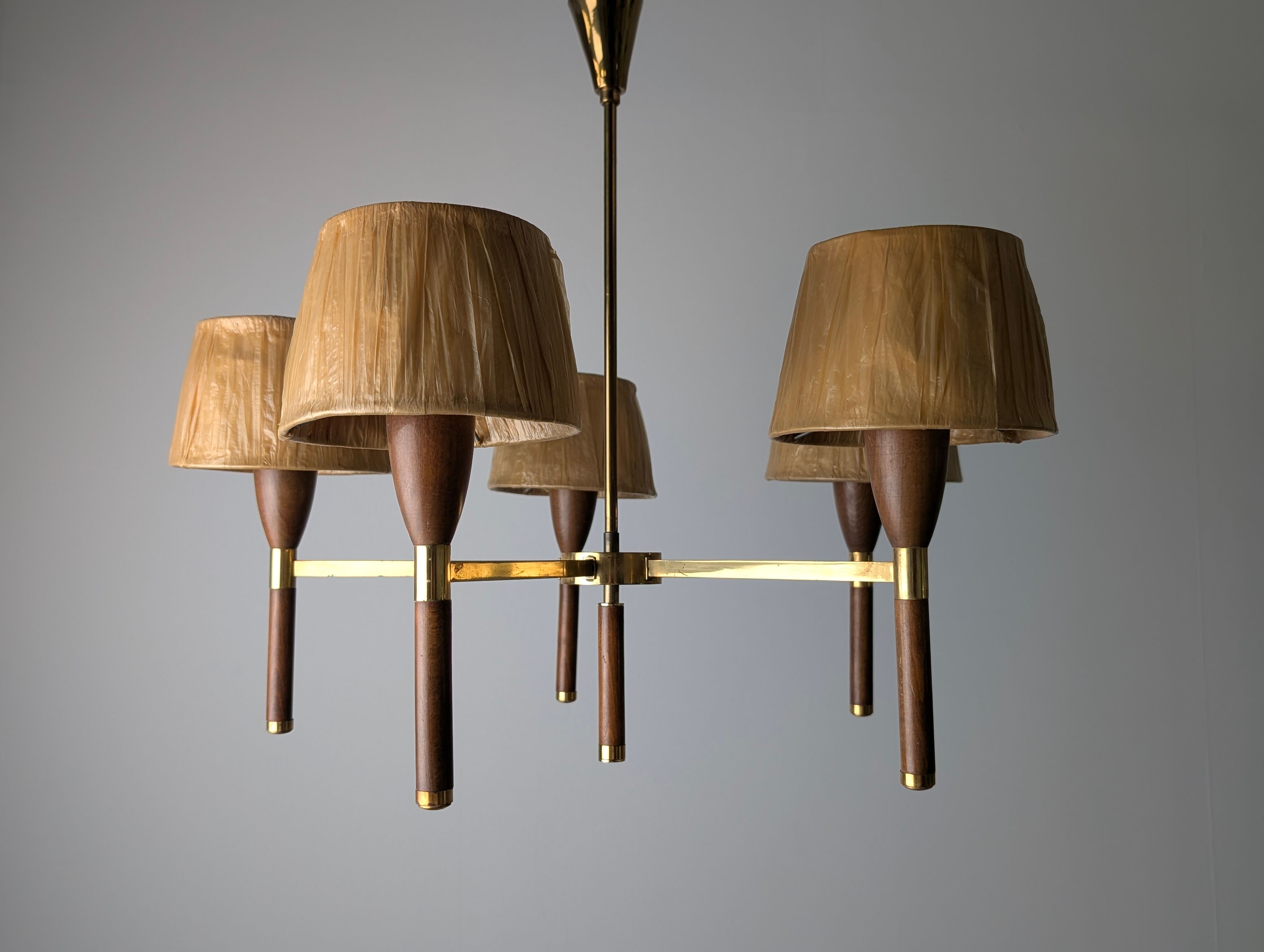 Danish five-arm lamp in wood and brass, 1950s
