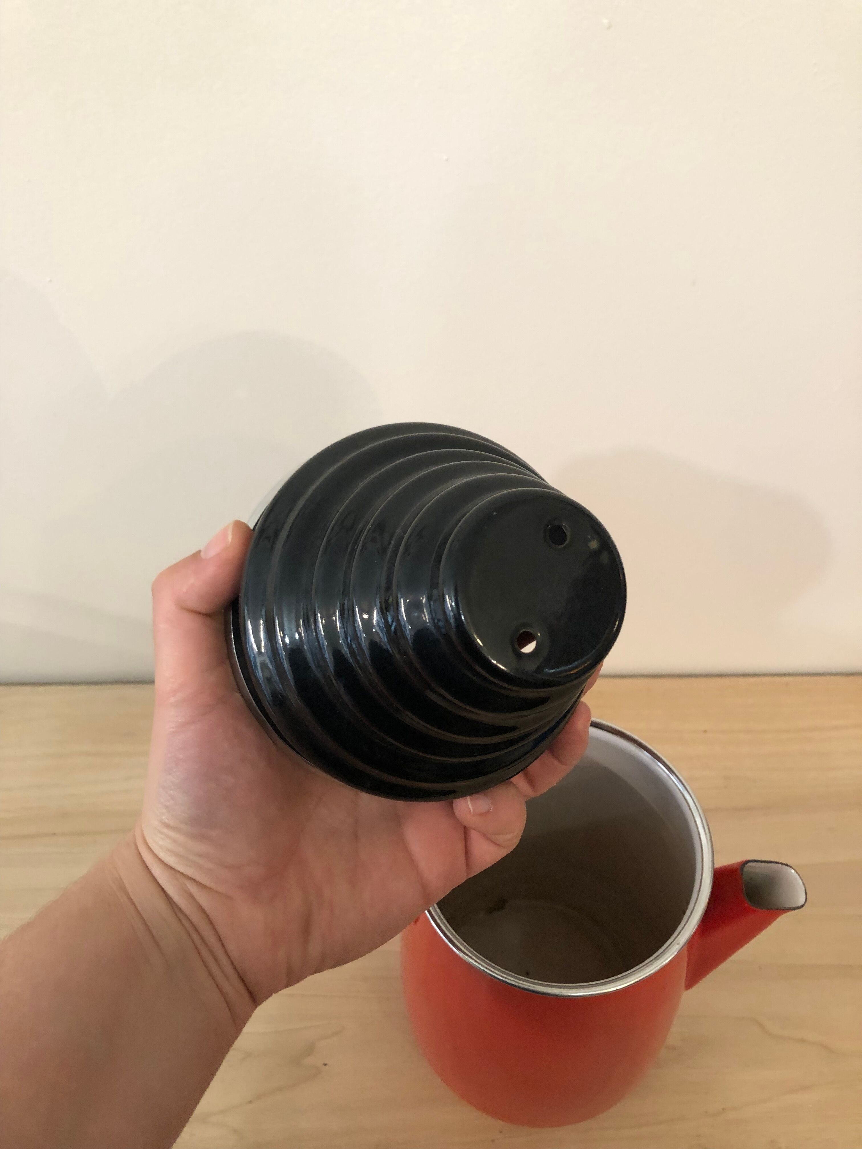 Red enamel coffee maker with filter