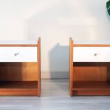 Pair of bedside tables, mahogany, white laminate and brass, 1970