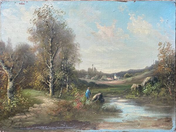Tableau ''Baysage animé au pêcheur'' HST signée Martinet XIX°