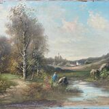 Painting "Baysage animated to the fisherman" HST signed Martinet XIX°