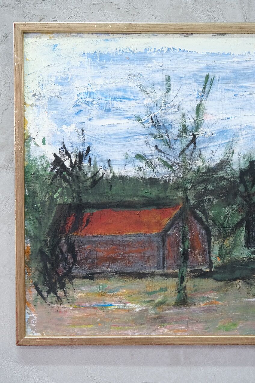 Scandinavian modern painting, signed,  1990s, oil on canvas, framed