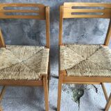 Set of 4 straw chairs in light wood - design 1970