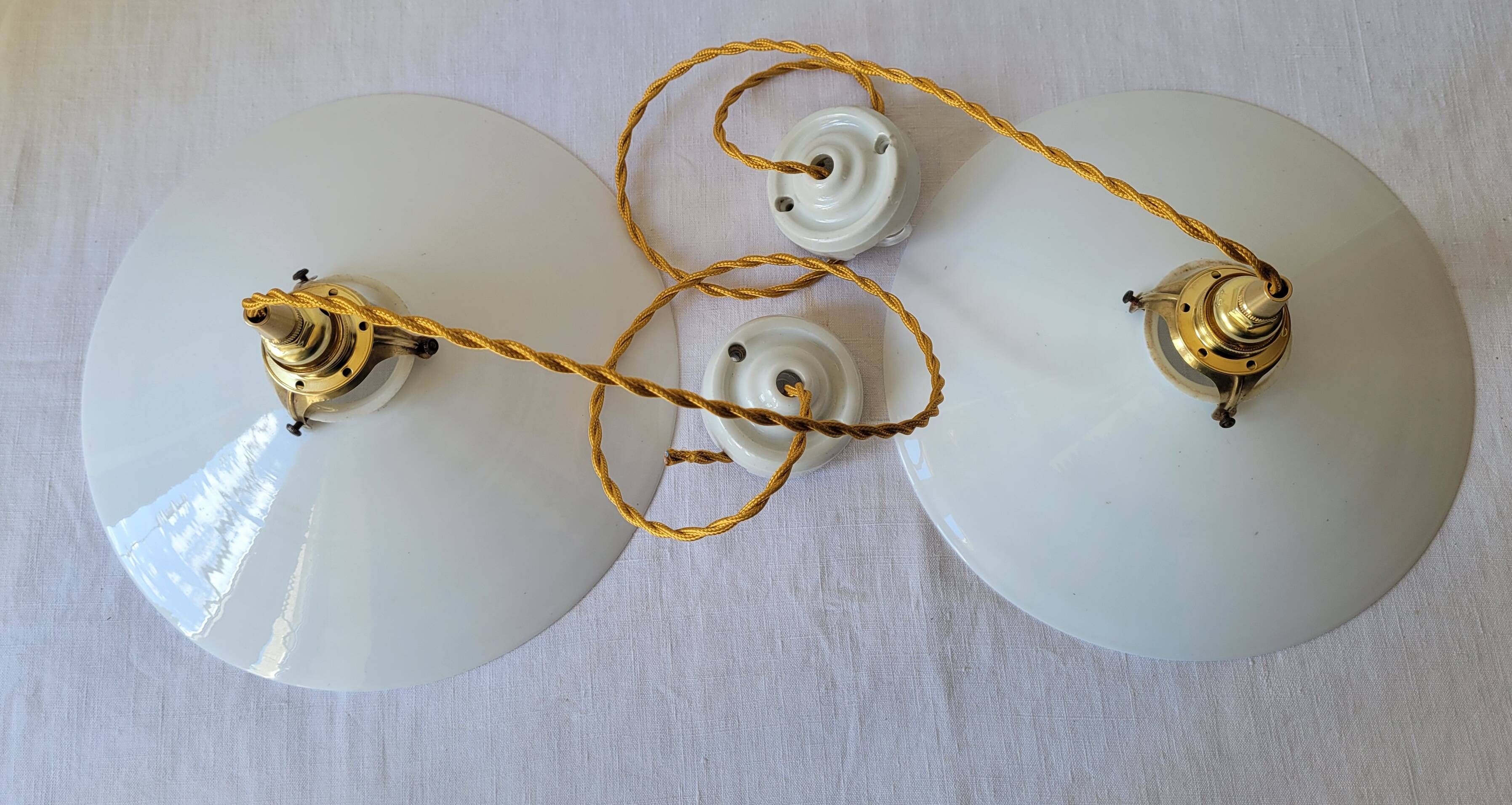Duo of white opaline pendant lights