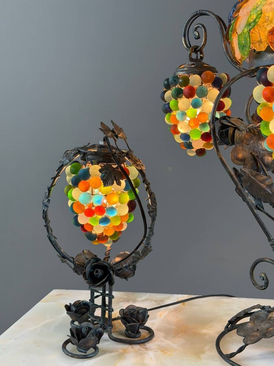 Set of three lamps in bronze and polychrome Murano glass, 20th century
