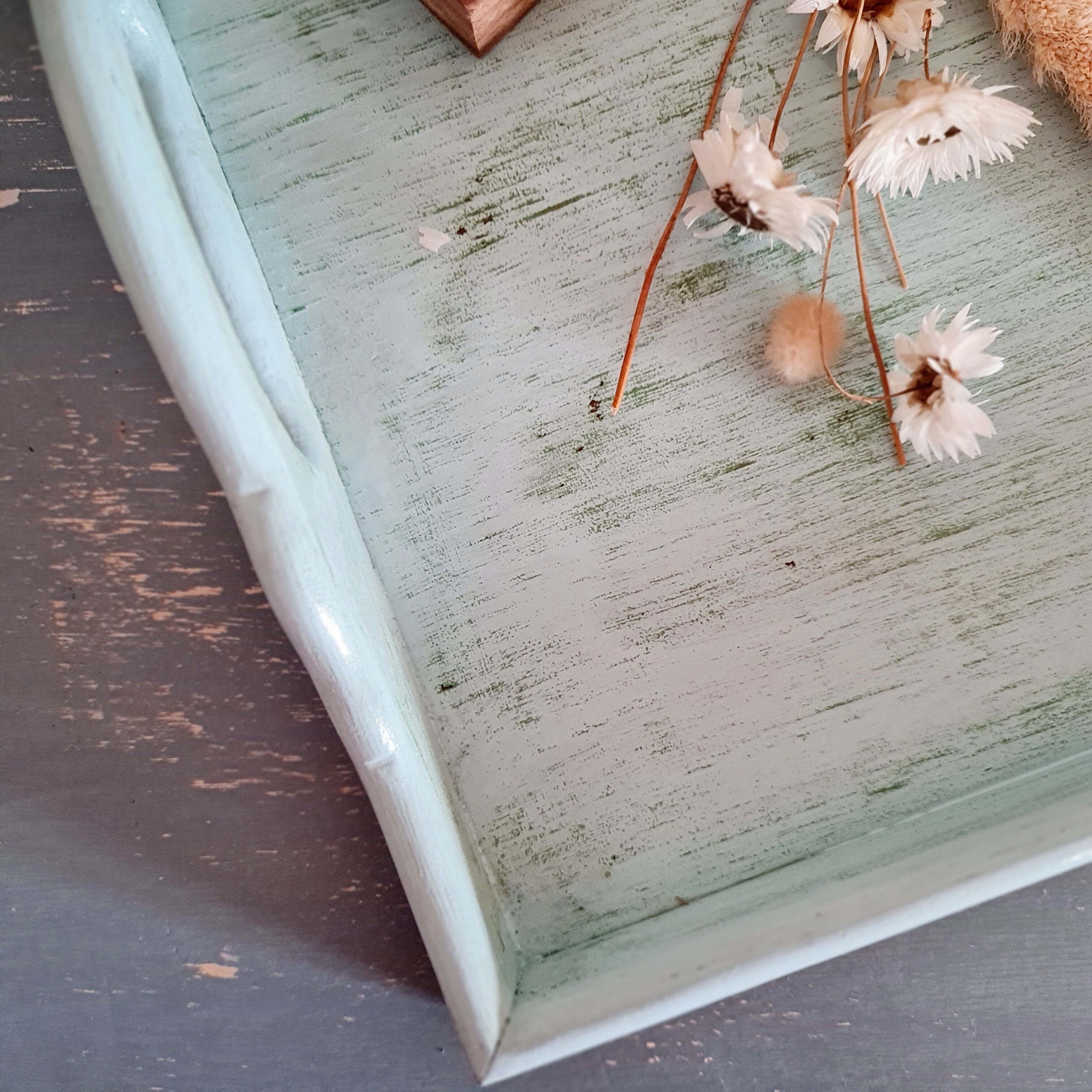 Presentation tray in old wood renovated blue with handles
