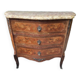 CURVED MARQUETRY CHEST WITH MARBLE TOP 3 ROSEWOOD DRAWERS