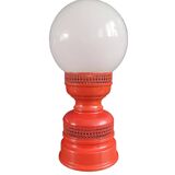Vintage globe lamp with a metal base, perforated and lacquered in red.