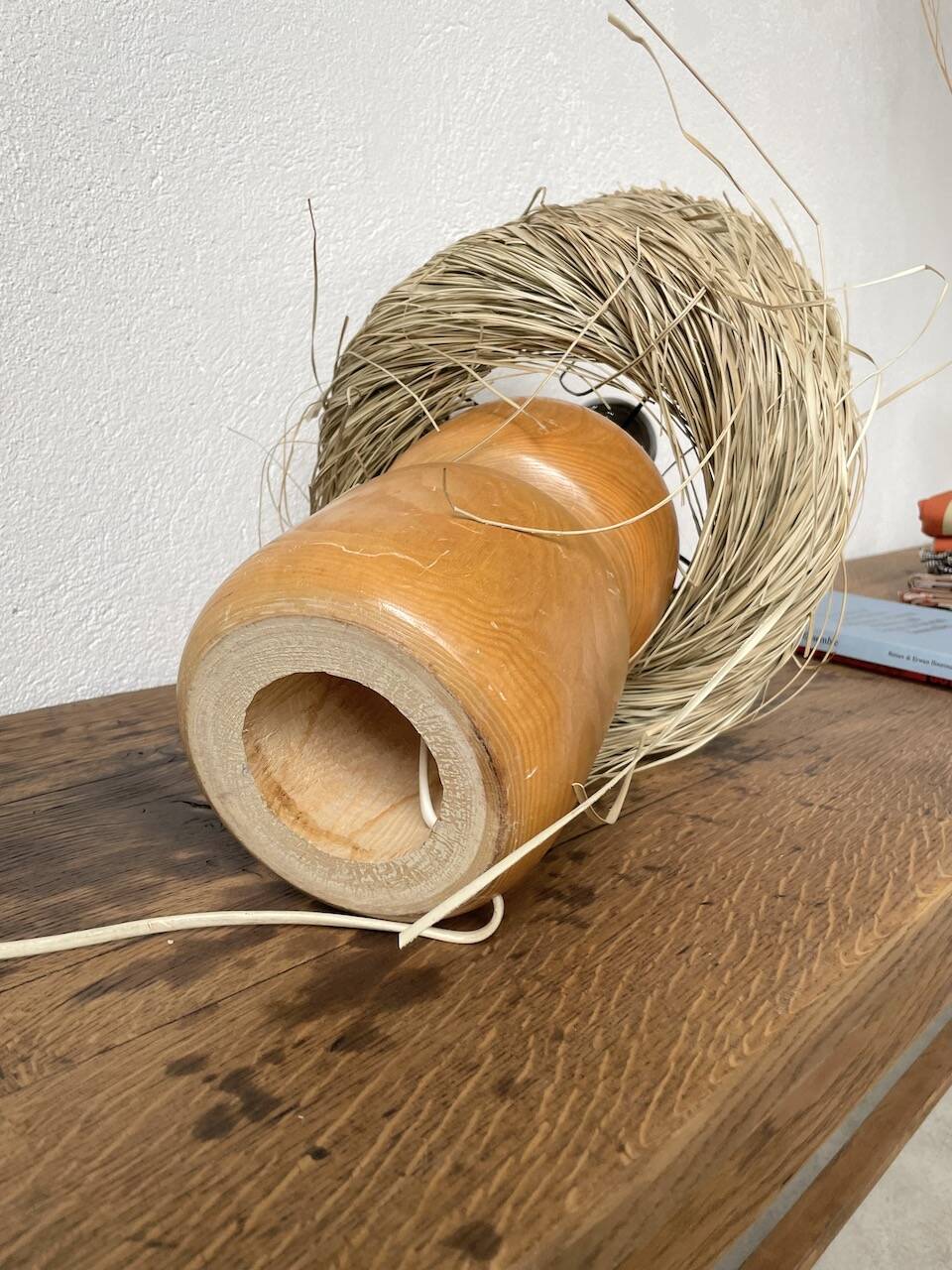 50s wood and straw lamp