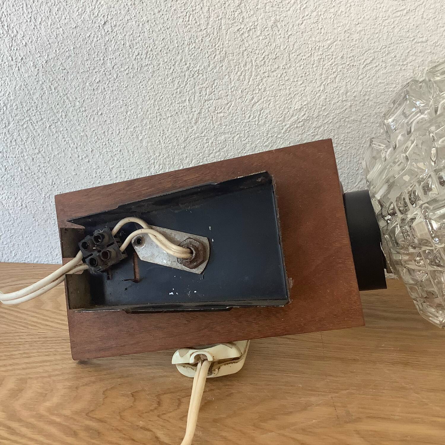 Vintage scandinavian wall lamp wood glass 1970s