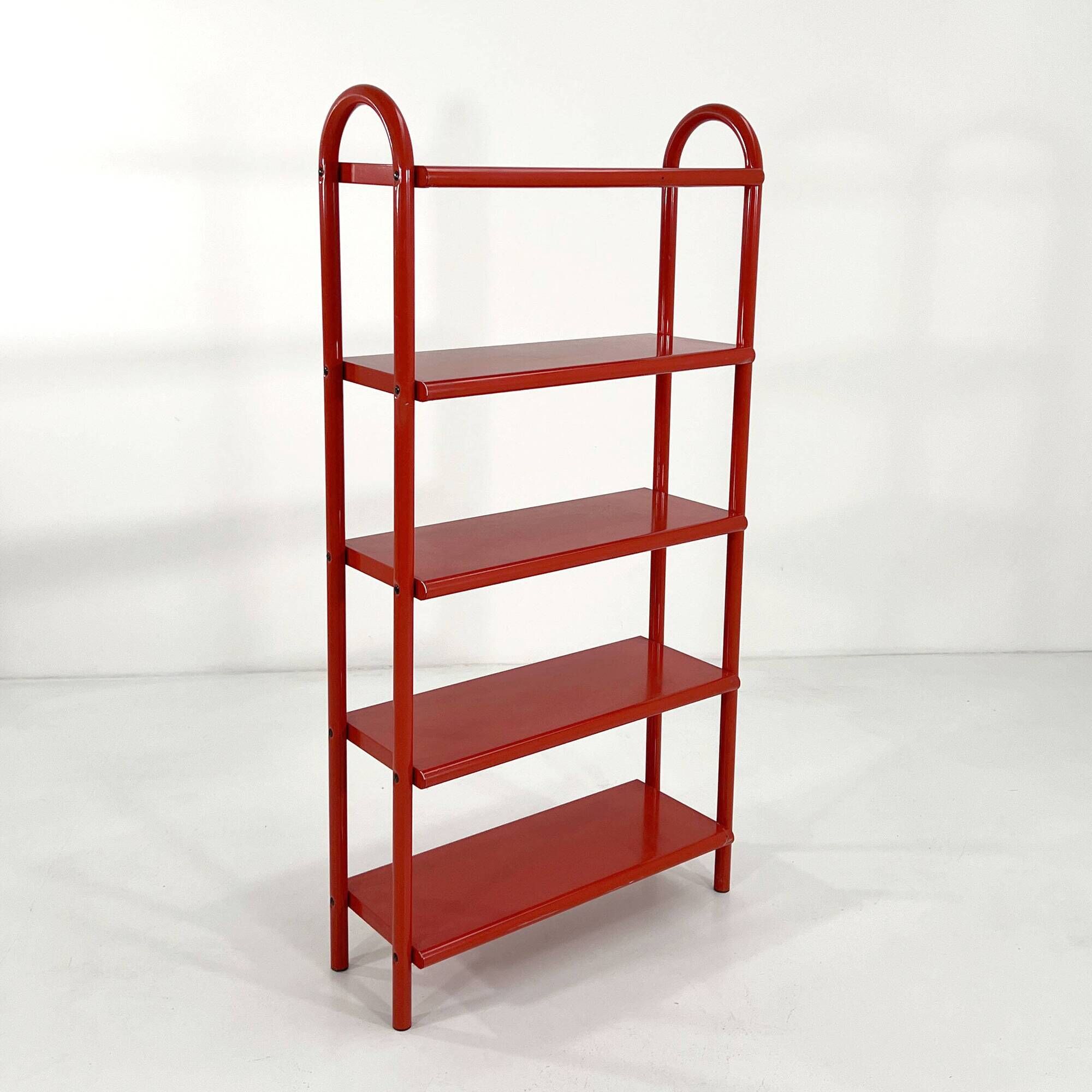 Red tubular leg shelf, 1980