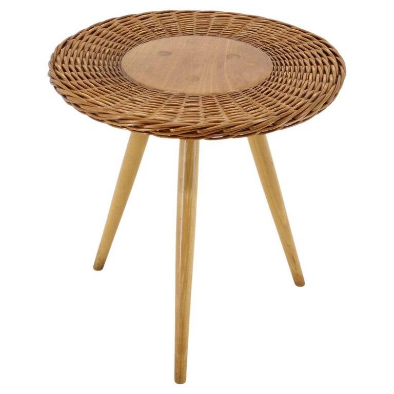 1970s Czech Wicker and Wood Side Table by Jan Kalous for ÚLUV