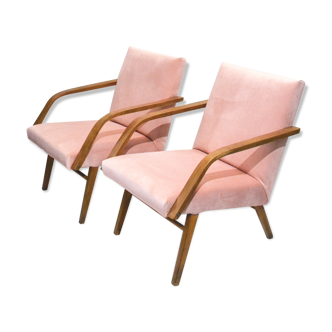 Paire de fauteuils années 60 retapissés velours rose poudré
