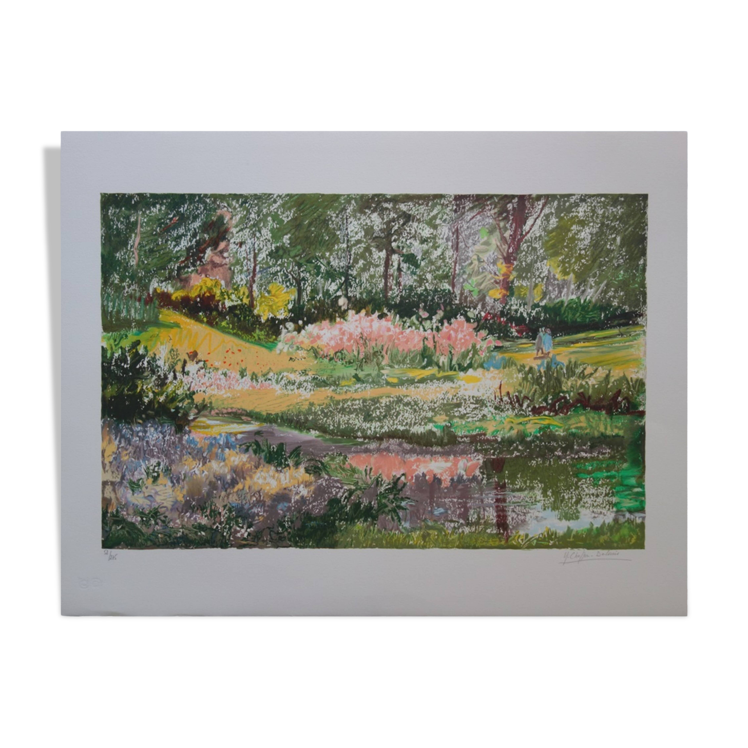Yvonne Cheffer Delouis: Pink irises by the lake, original signed lithograph.