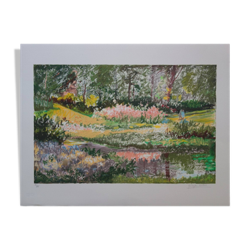 Yvonne Cheffer Delouis: Pink irises by the lake, original signed lithograph.