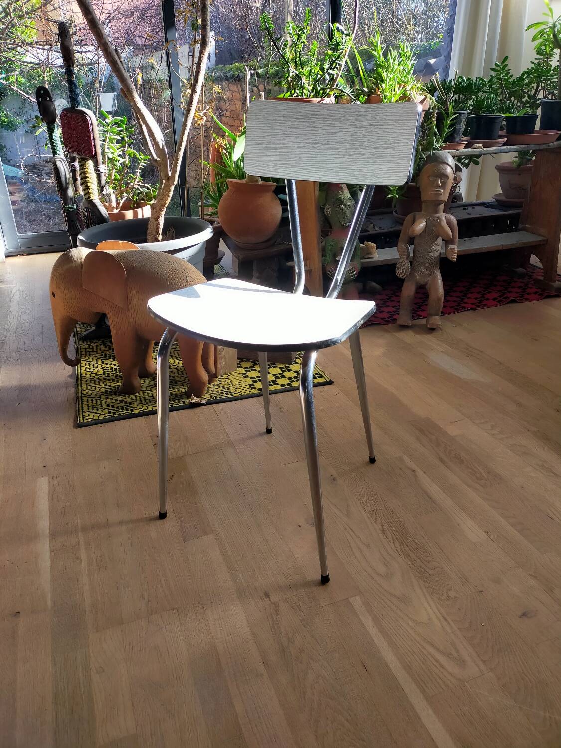White and blue formica chair