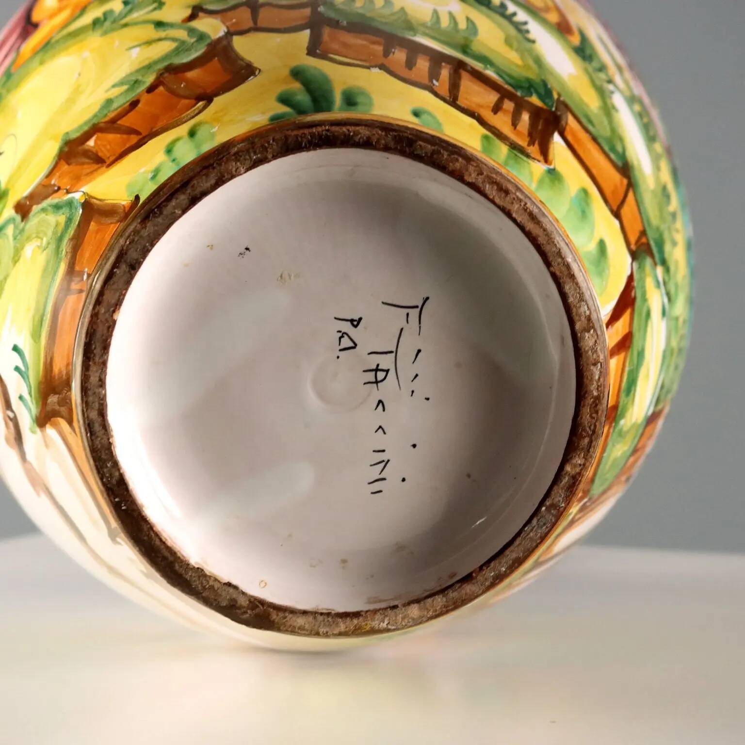 Ancient amphora in majolica, Taccini manufacture, Italy, 20th century.