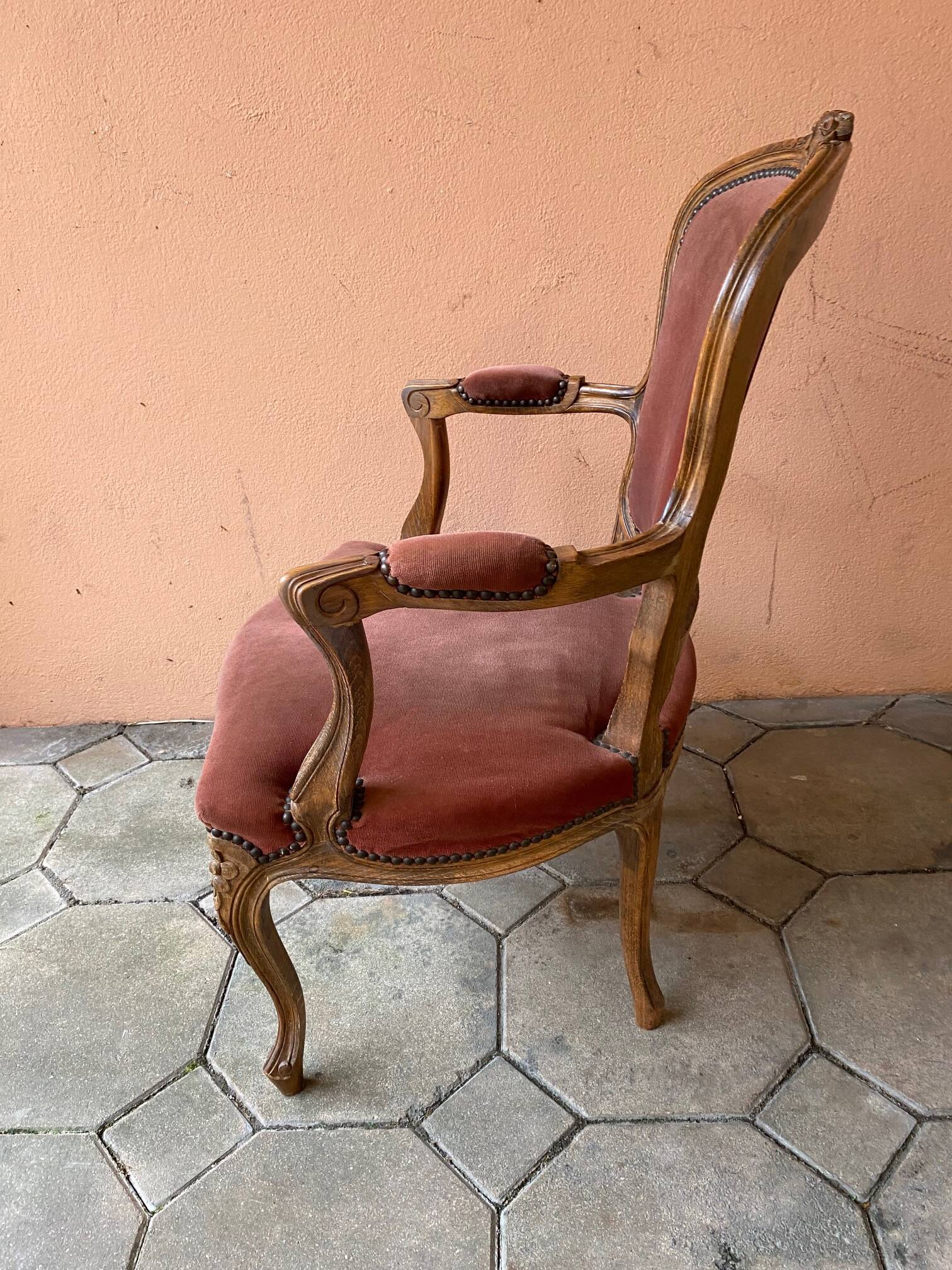 Pair of louis xv style bergeres armchairs with pink velvet armrests
