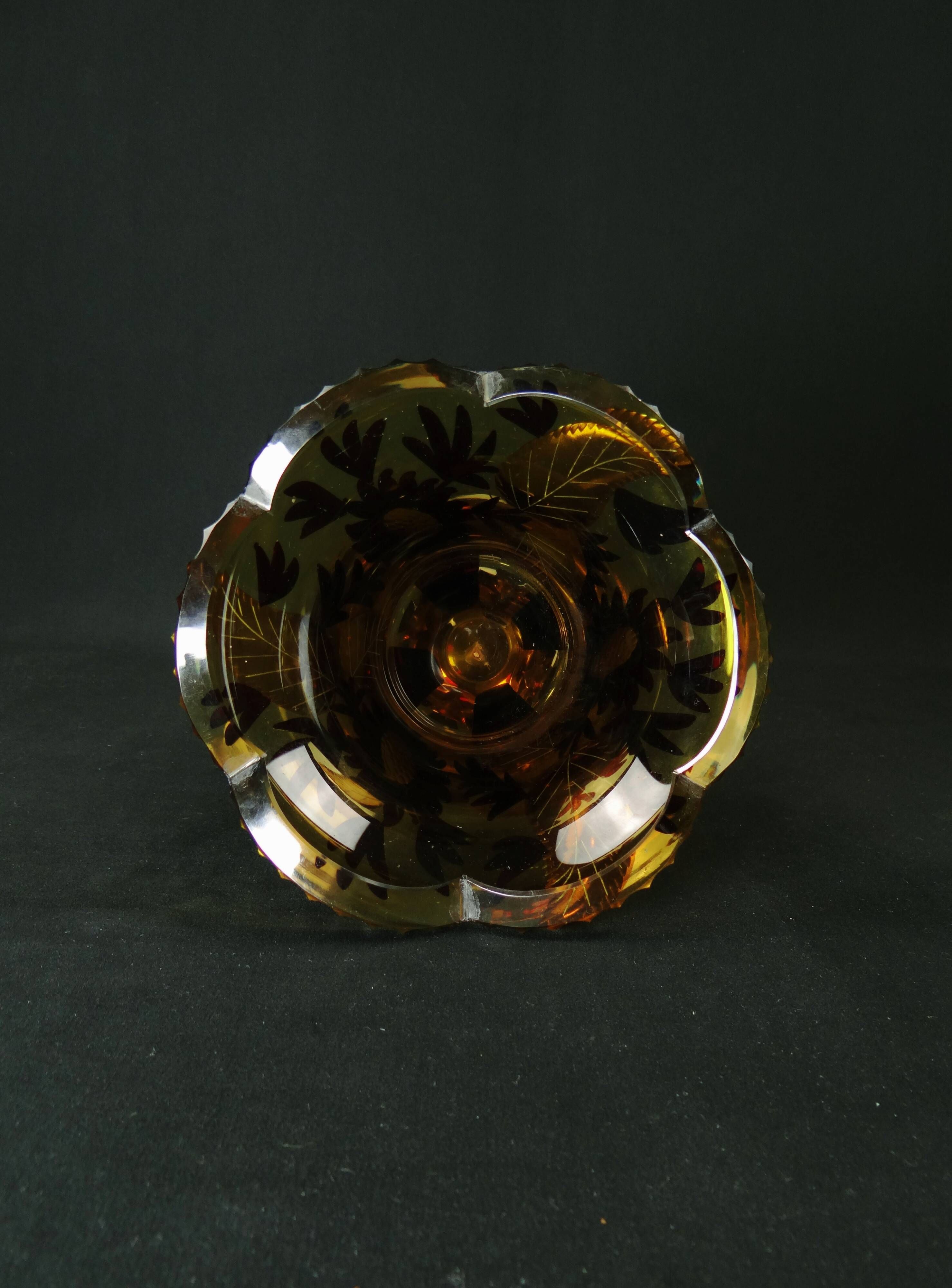 Bohemian cut crystal vase with Art Deco ruby red amber floral decoration