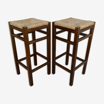 Pair of high stools, bar, wooden with mulched seats