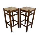 Pair of high stools, bar, wooden with mulched seats
